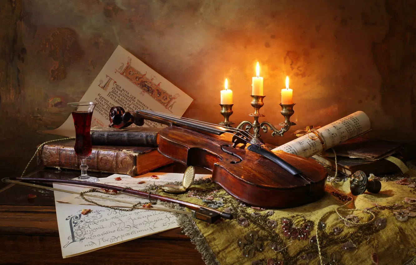 Photo wallpaper notes, wine, violin, books, candles, bow, Still life with violin and candles
