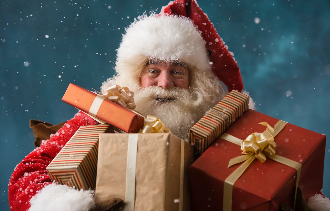 Photo wallpaper winter, snowflakes, holiday, hat, Christmas, gifts, New year, coat, beard, Santa Claus, red, box, Santa …