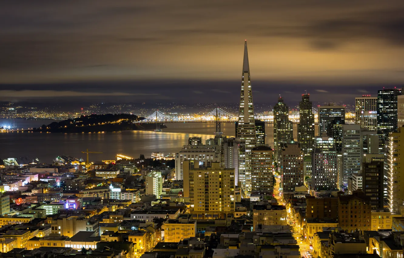Photo wallpaper night, bridge, lights, home, panorama, California, San Francisco