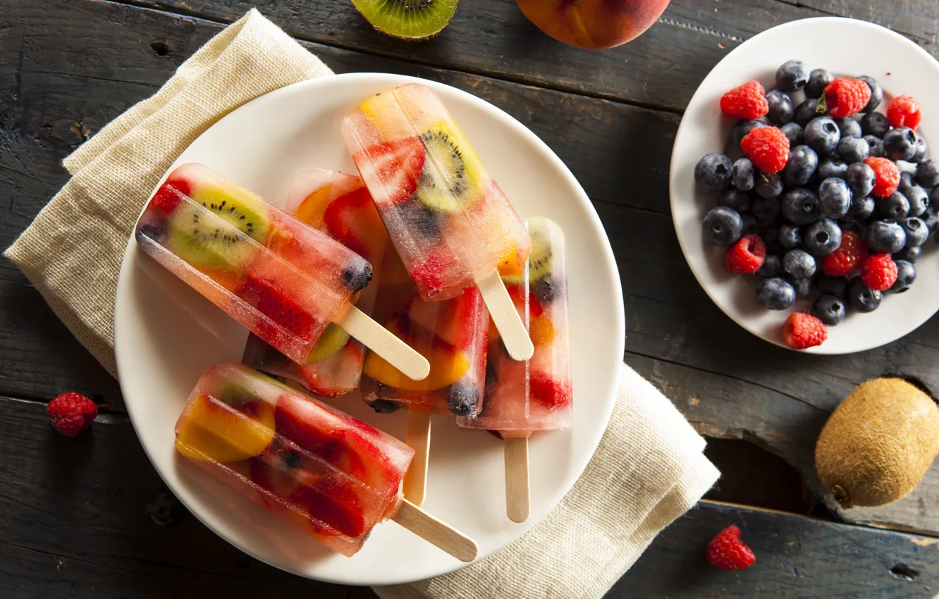 Photo wallpaper berries, raspberry, kiwi, blueberries, fruit, dessert, fruit ice