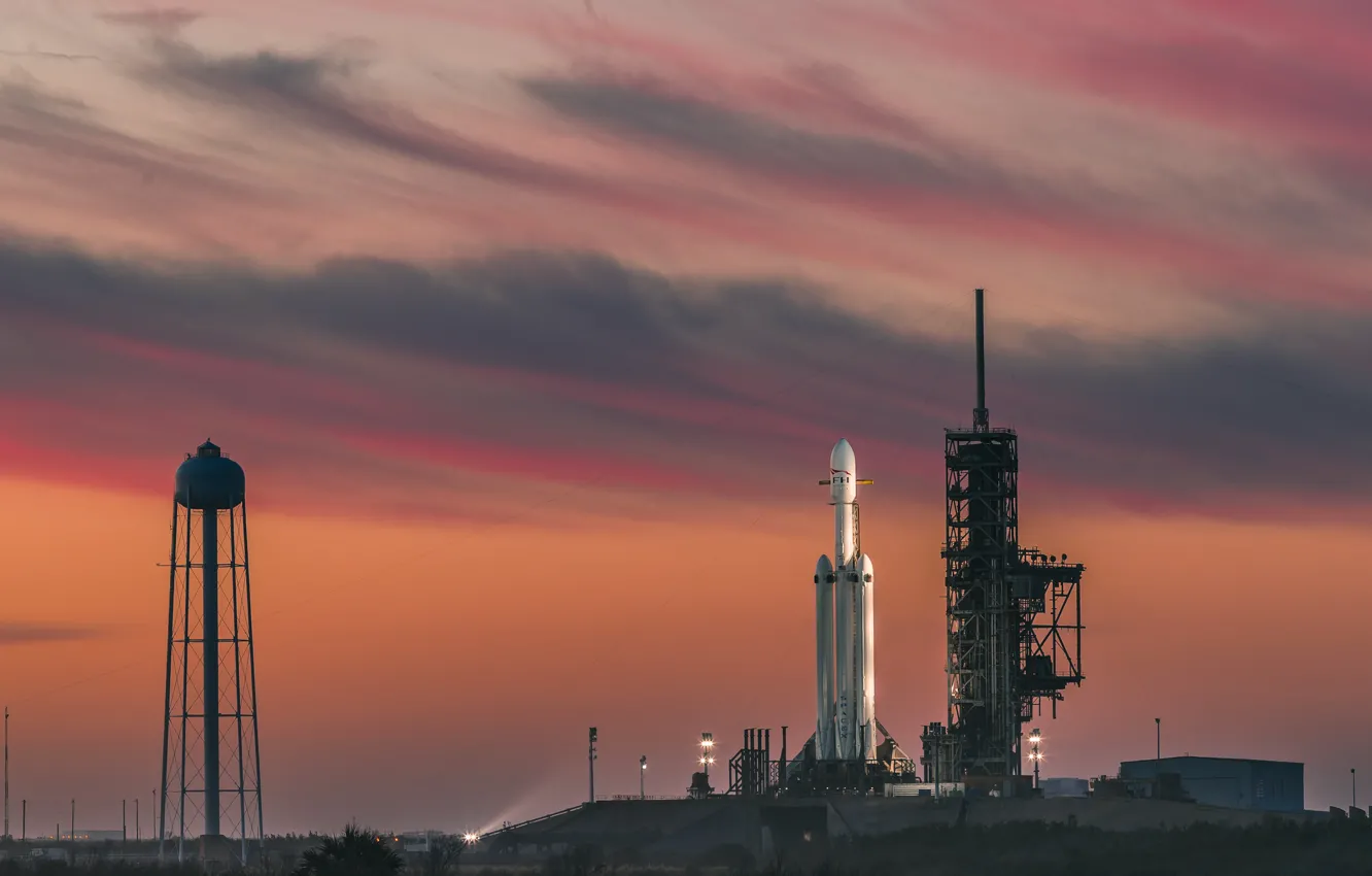 Photo wallpaper space, USA, twilight, sky, sunset, clouds, evening, Florida, rocket, SpaceX, Cape Canaveral, launch pads, Falcon …