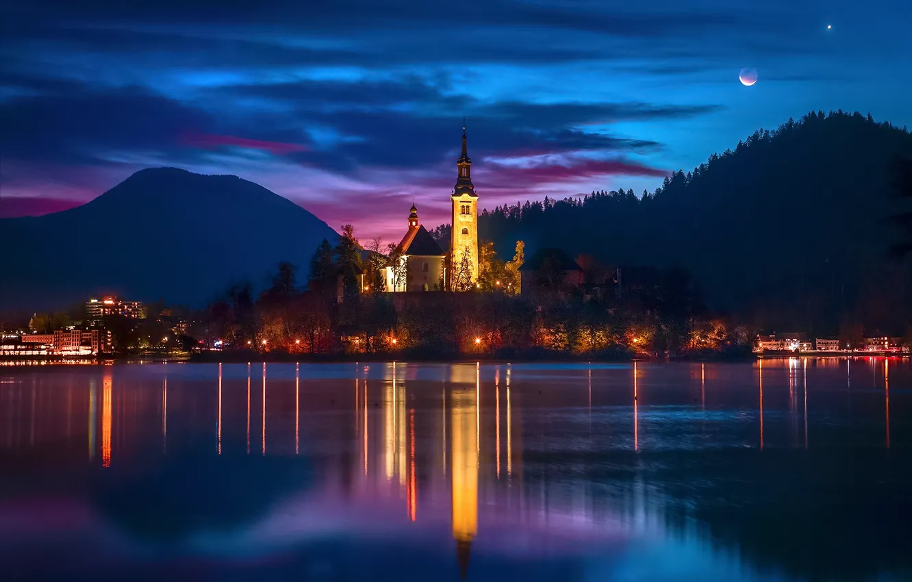 Photo wallpaper the sky, clouds, light, night, lights, fog, lake, the moon, paint, temple, Slovenia, Lake bled, …