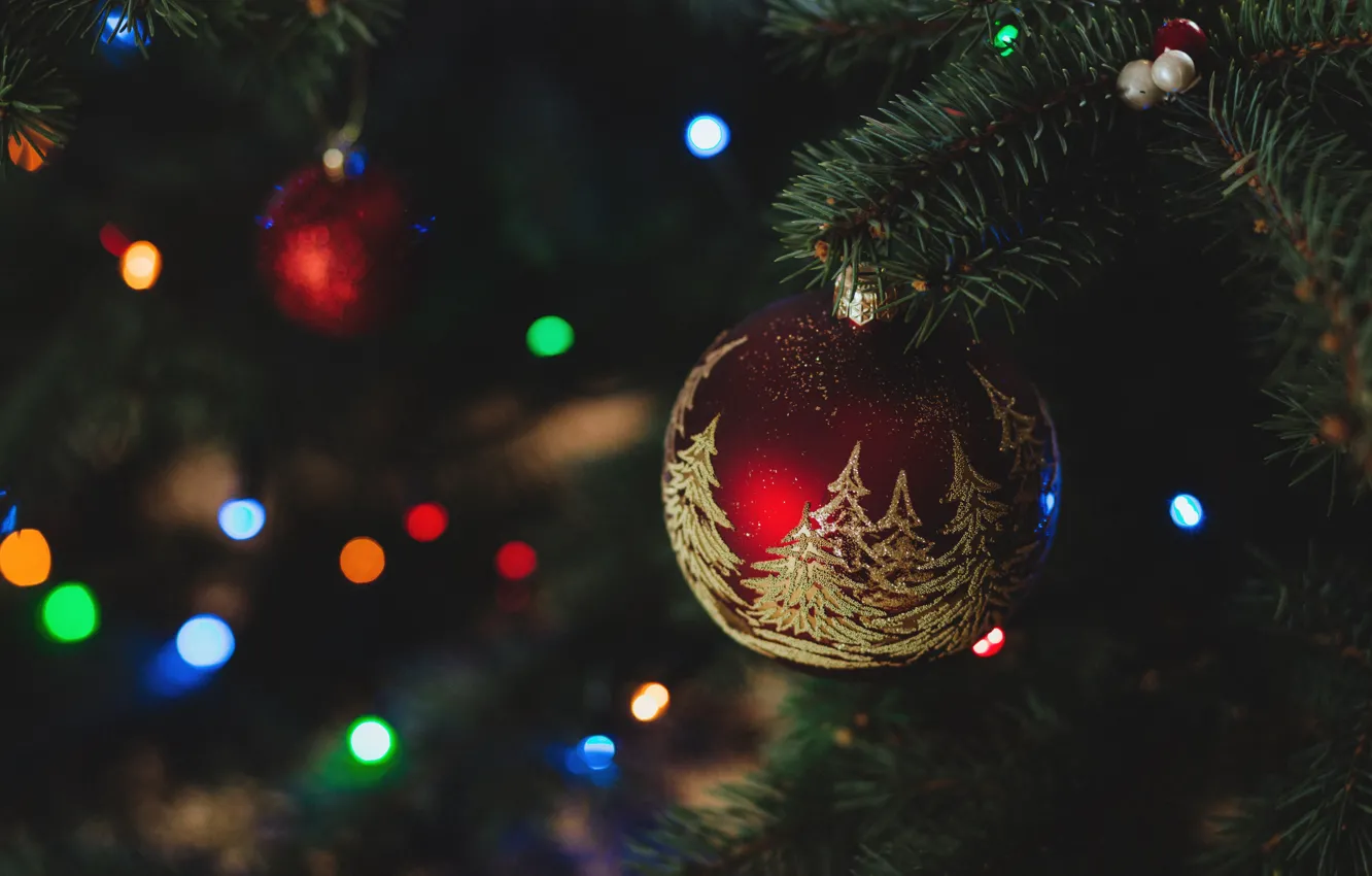 Photo wallpaper holiday, tree, new year, Christmas, ball, decoration, christmas, new year, garland