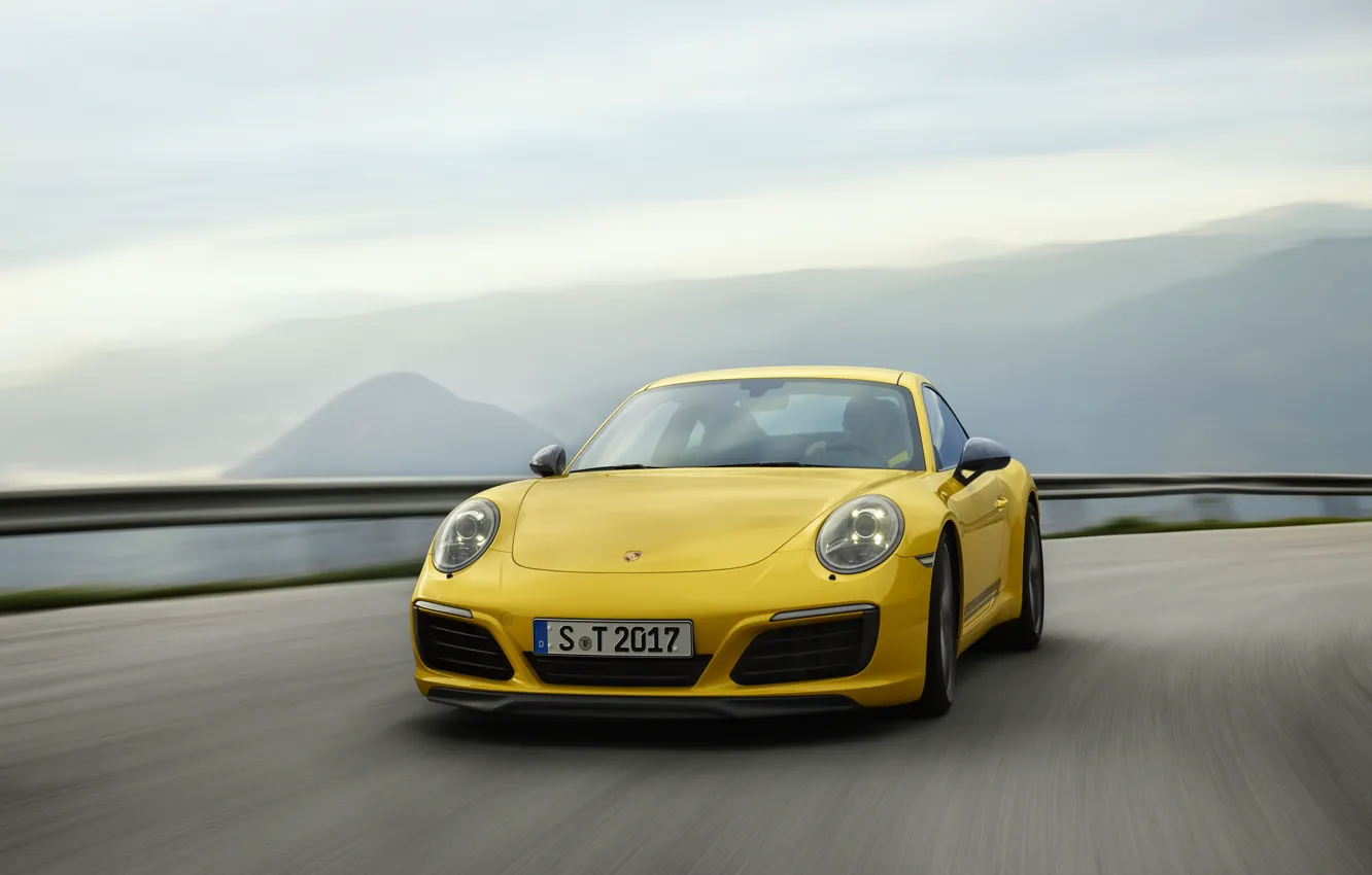 Photo wallpaper road, the sky, asphalt, mountains, yellow, Porsche, 2018, 911 Carrera T, 370 HP