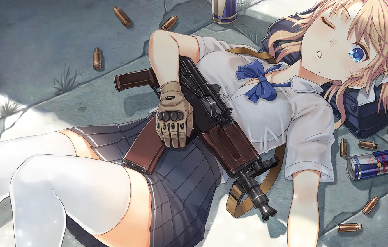 Photo wallpaper girl, gun, weapon, anime, japanese, gloves, RedBull, bishojo, AKS-74U