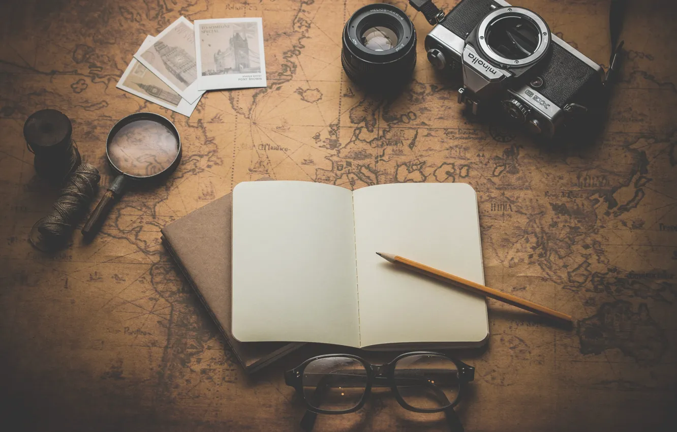 Photo wallpaper map, glasses, the camera, Notepad, pencil, thread, magnifier