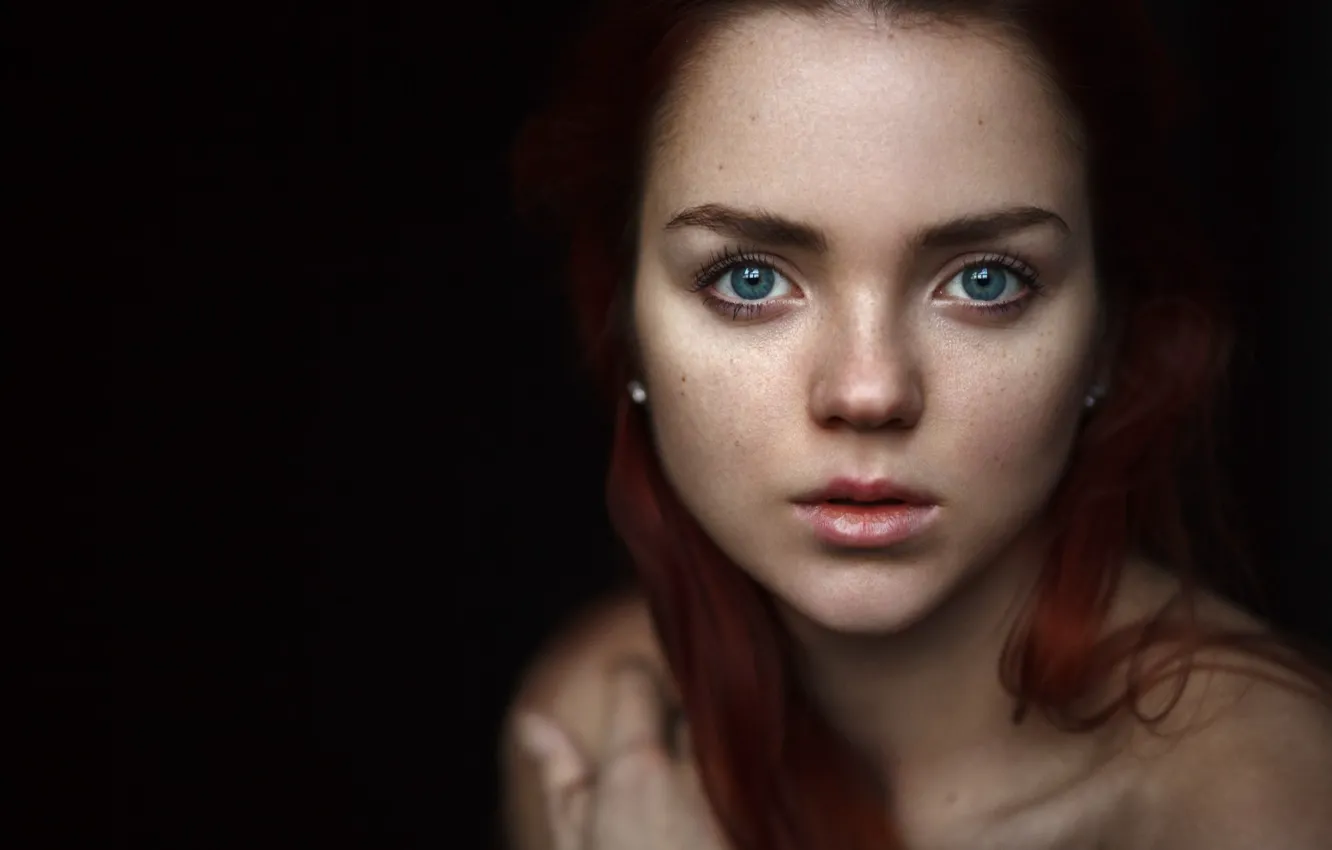 Photo wallpaper look, macro, face, background, sweetheart, model, portrait, freckles, red, beautiful, eyes, blue-eyed, the expression, bokeh, …