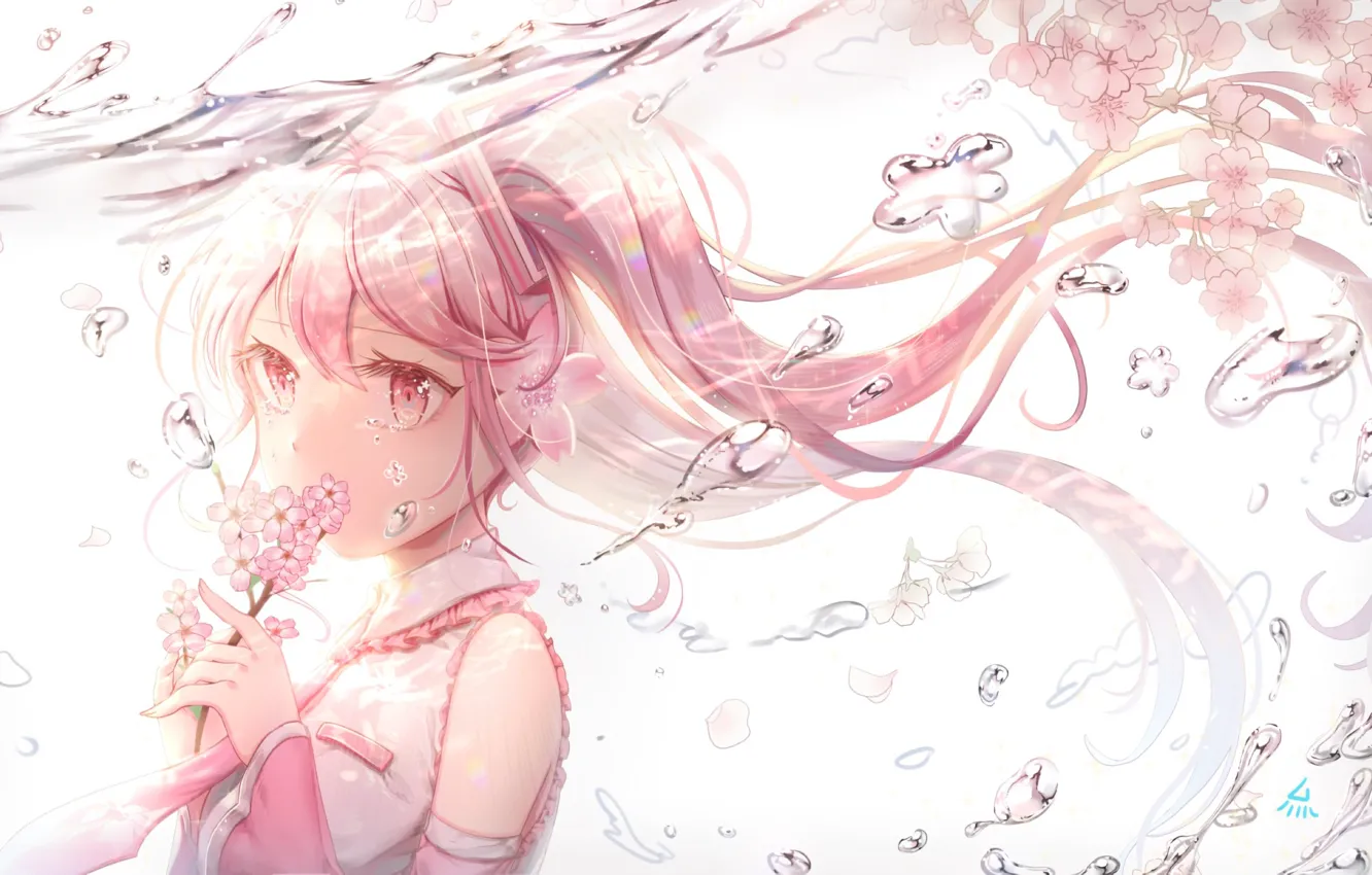 Photo wallpaper girl, flowers, bubbles, branch, anime, petals, Sakura, tears, art, vocaloid, sakura, mike