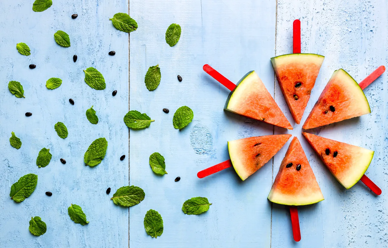 Photo wallpaper leaves, watermelon, fresh, mint, wood, slices, watermelon, slice