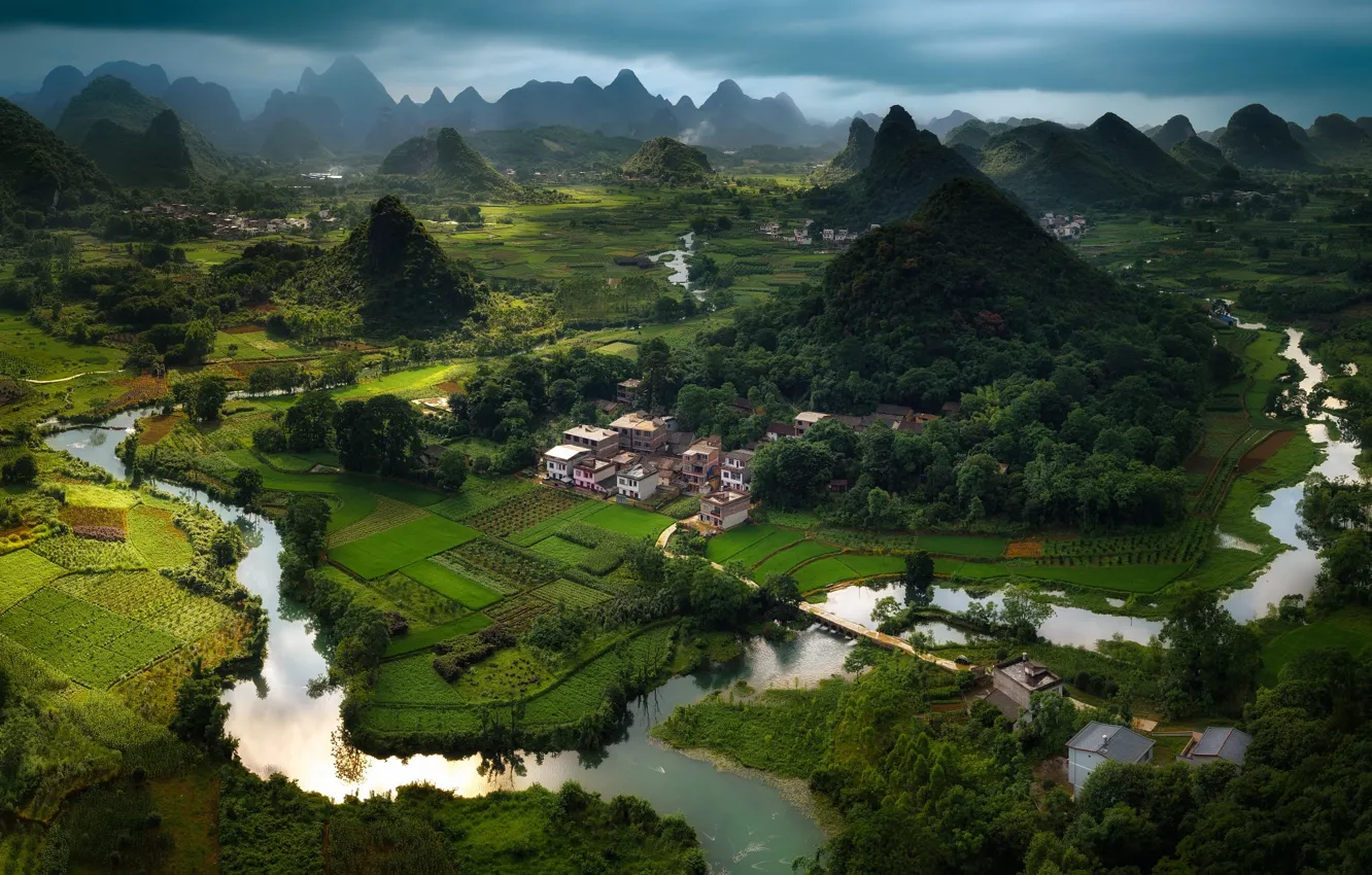 Photo wallpaper mountains, river, hills, China