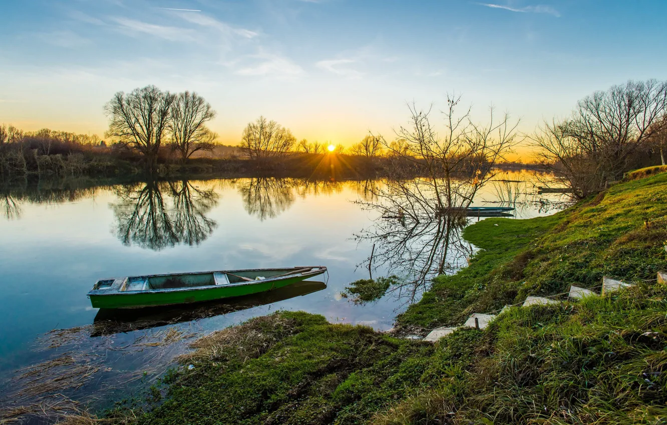 Photo wallpaper sunset, river, boats, Croatia, Kupa