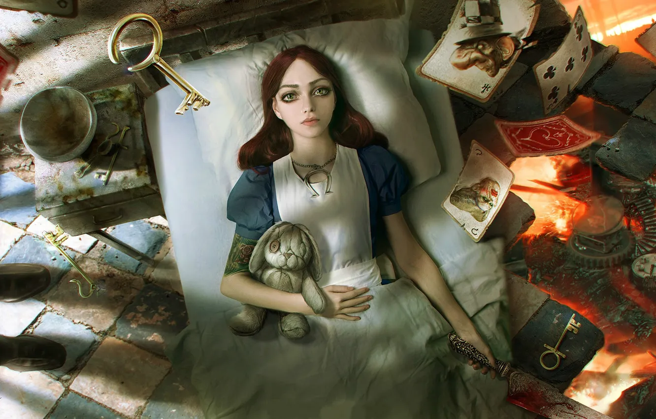 Photo wallpaper flame, blood, rabbit, Alice, knife, destruction, game, keys, Alice in Wonderland, Alice, in bed, playing …