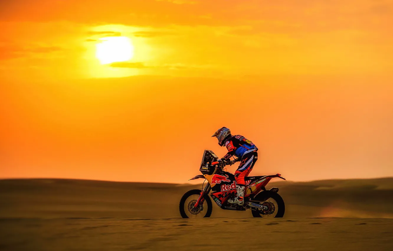 Photo wallpaper Sunset, The sun, Sport, Speed, Motorcycle, Racer, Moto, KTM, Bike, Rally, Dakar, Dakar, Rally, Moto, …