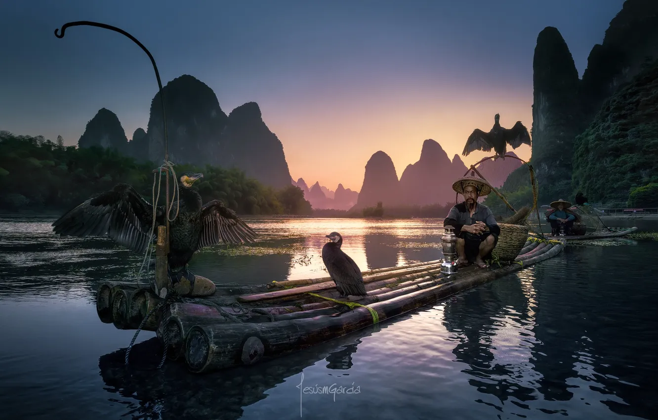 Photo wallpaper birds, river, people, boat, boats, China, fishermen, the raft, cormorants, district Guangxi Joins