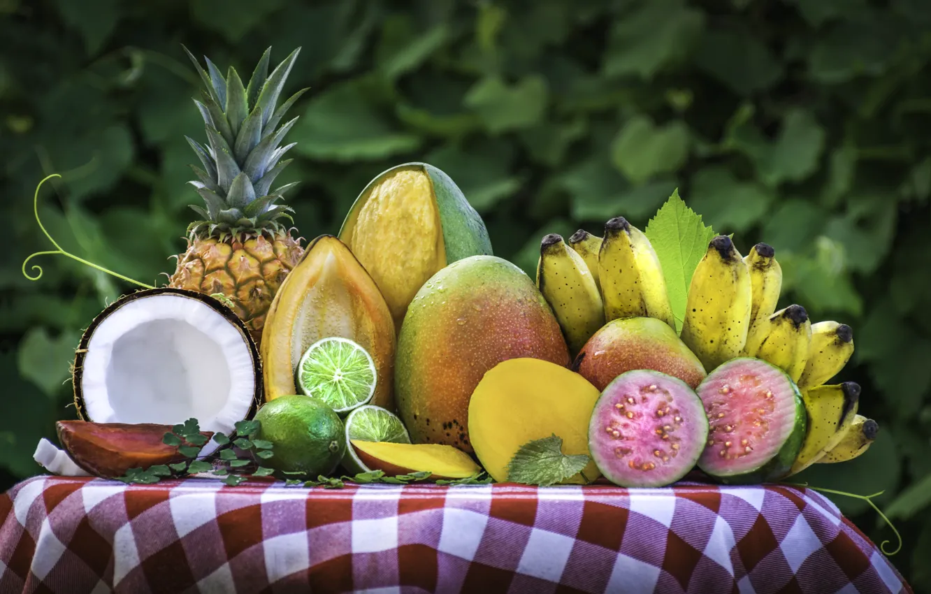 Photo wallpaper coconut, lime, fruit, mango, pineapple, banana, tropical, feijoa