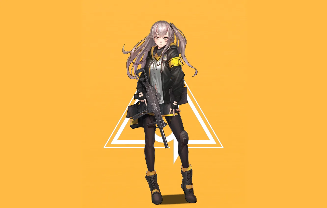 Photo wallpaper girl, weapons, anime, art, jacket, yellow background, Girls Frontline, Girls front