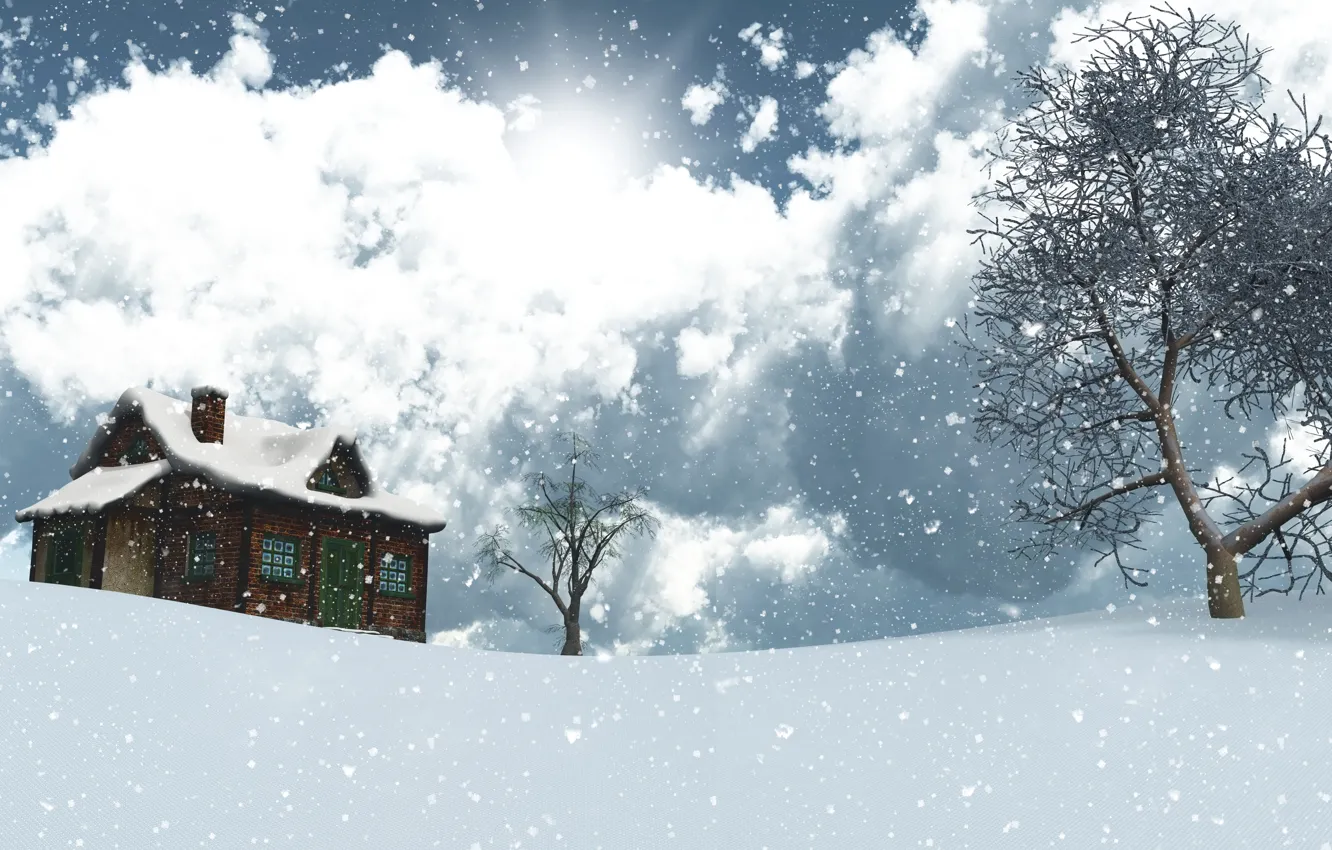 Photo wallpaper winter, the sky, the sun, clouds, snow, trees, landscape, snowflakes, house, graphics, 3D