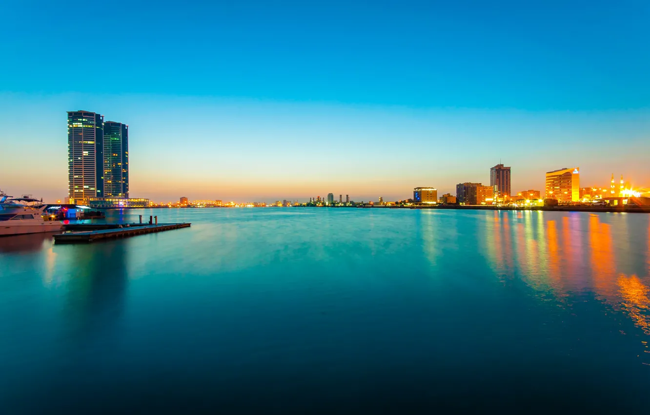 Photo wallpaper sea, night, lights, skyline, UAE, UAE, Ras al Khaimah