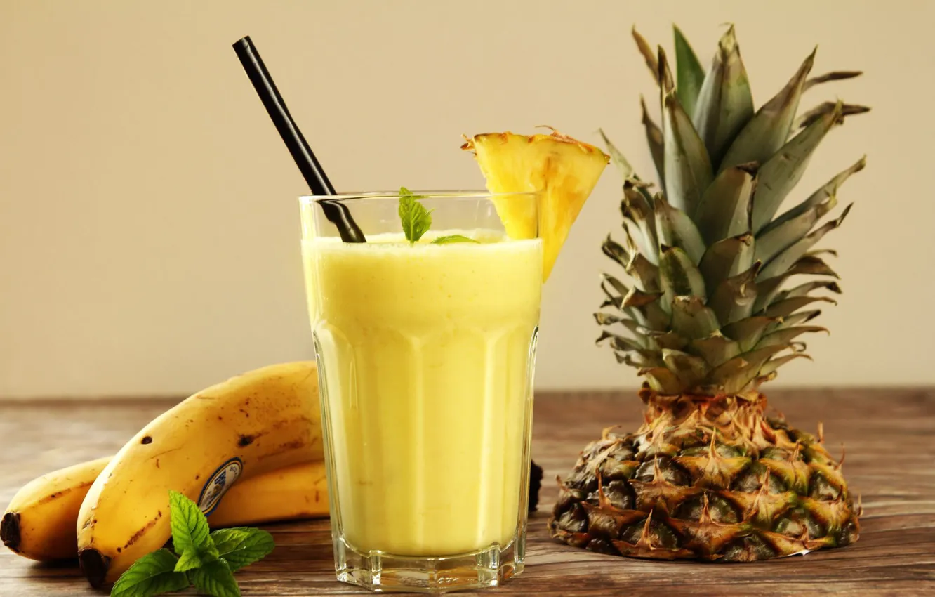 Photo wallpaper glass, juice, bananas, tube, drink, fruit, pineapple, mint,...
