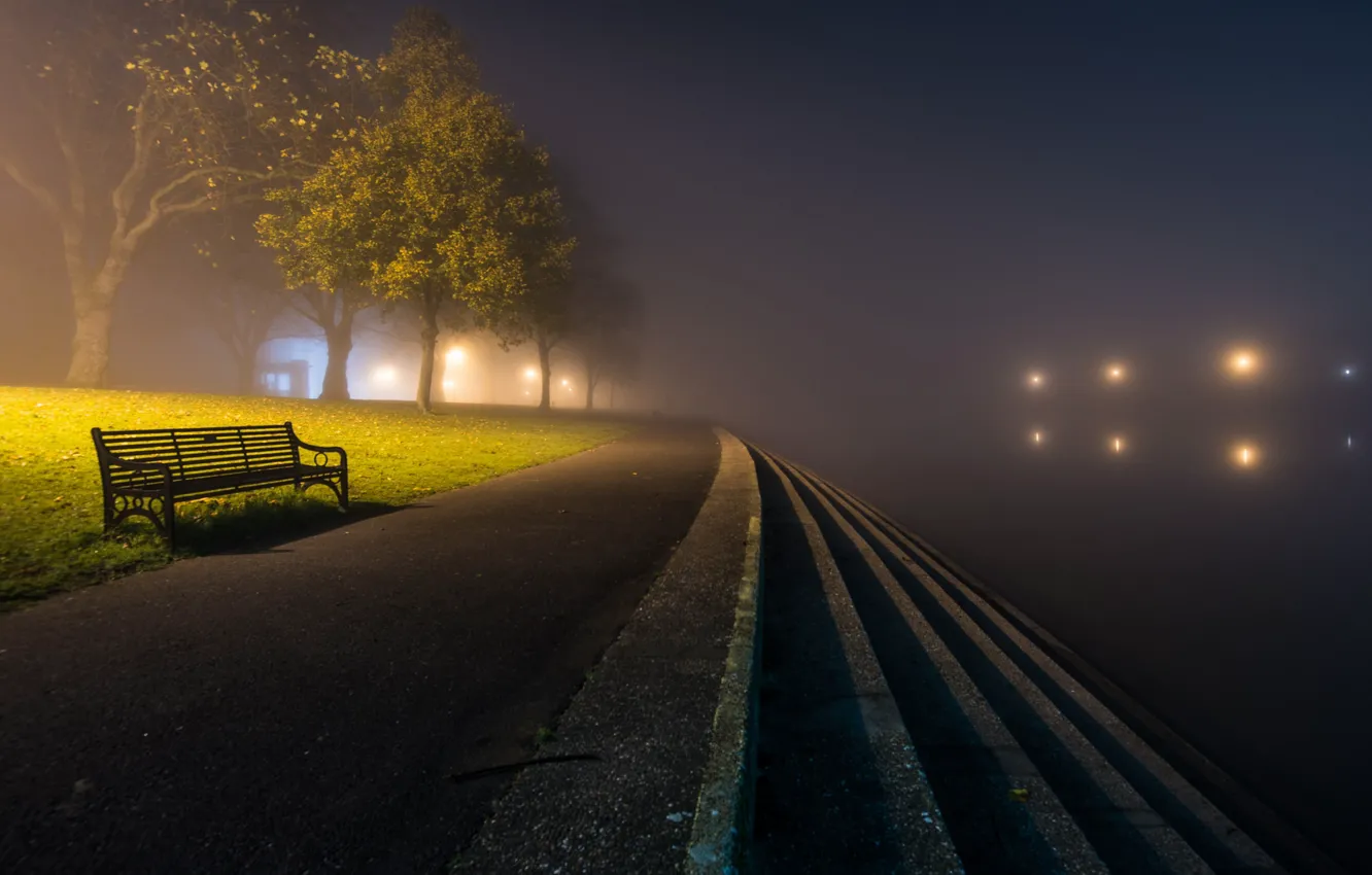 Photo wallpaper night, the city, fog, bench