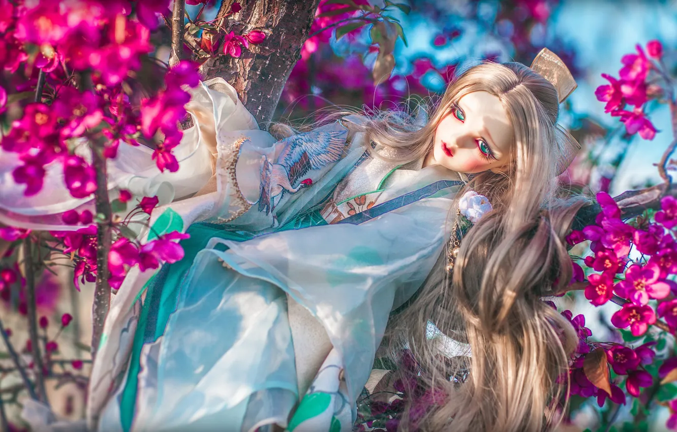 Photo wallpaper toy, doll, kimono, flowering, flowers