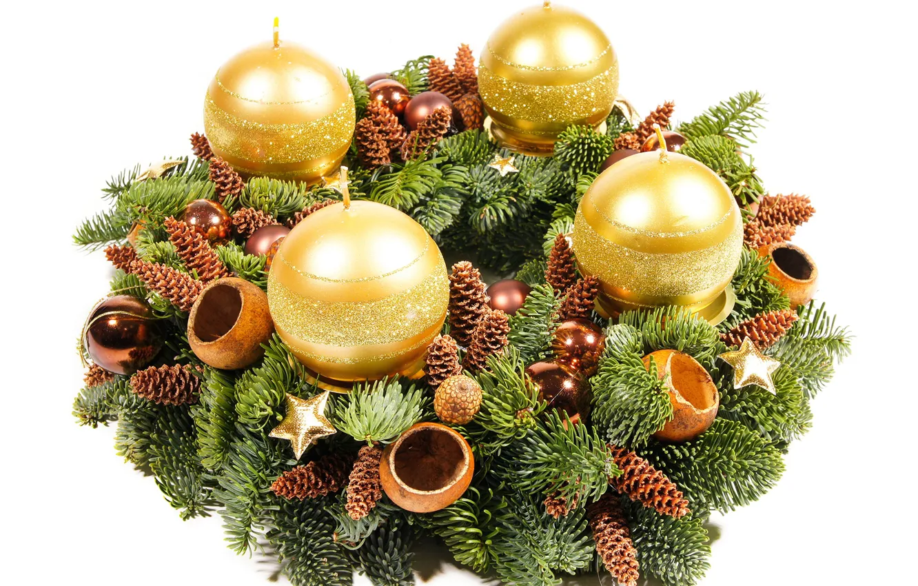 Photo wallpaper decoration, balls, tree, candles, New year, gold