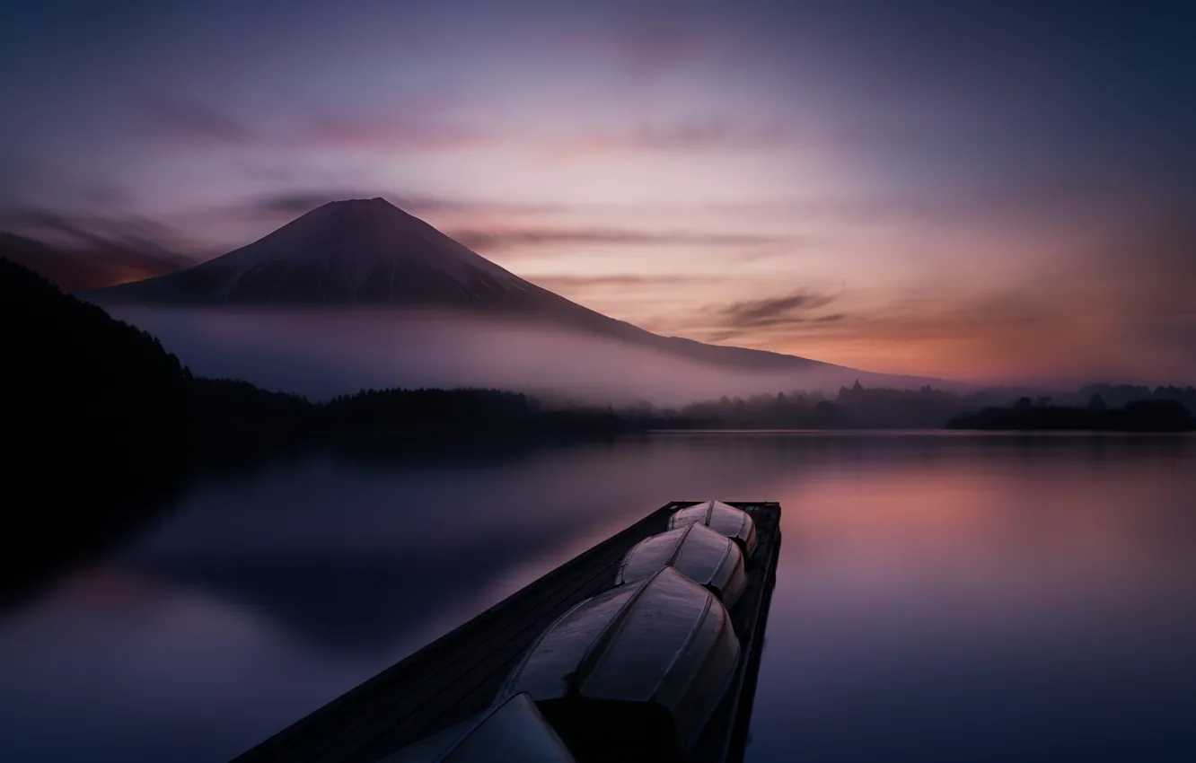 Photo wallpaper lake, mountain, boats, the volcano, Japan, Fuji