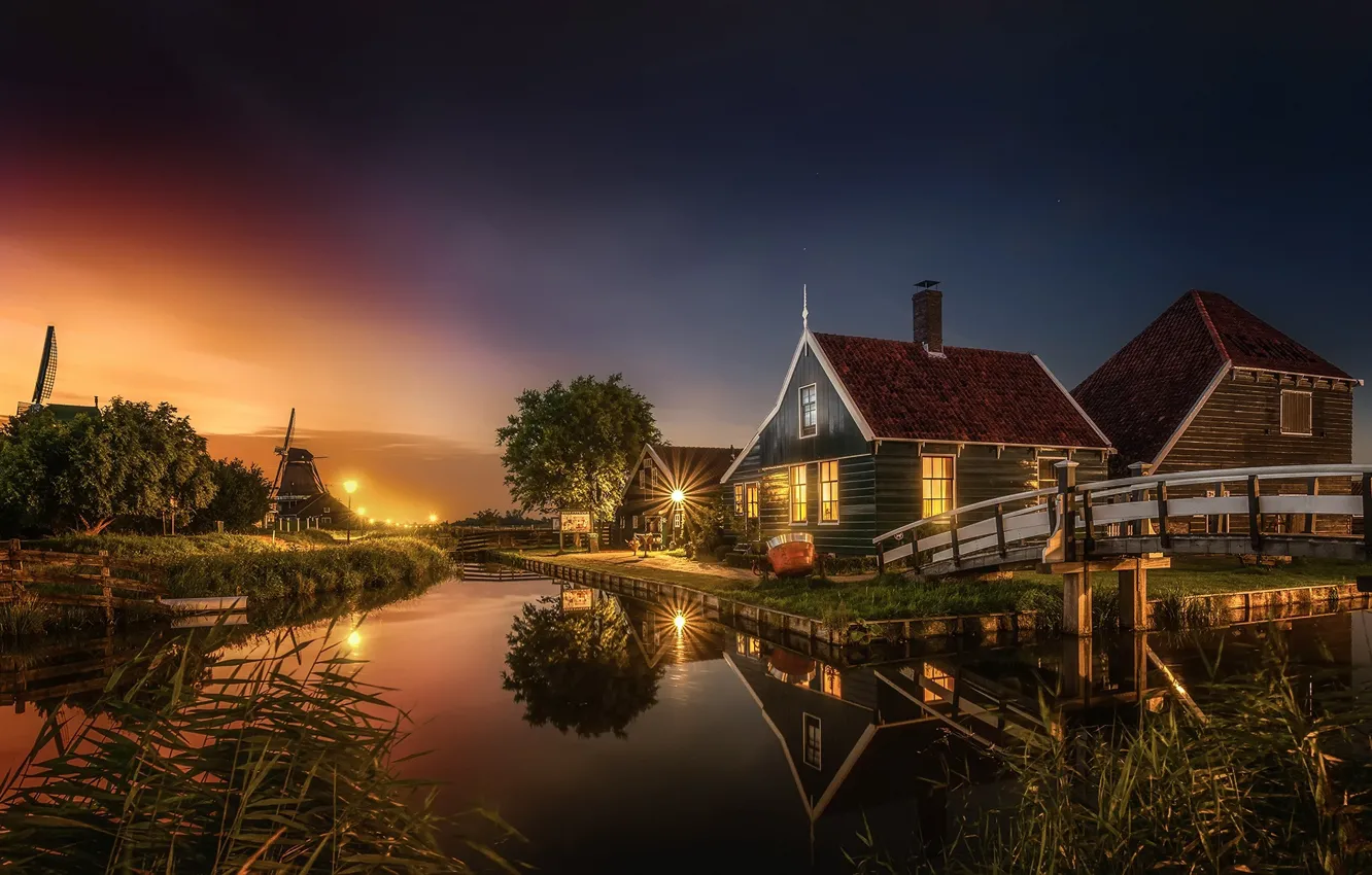 Photo wallpaper light, the city, the evening, channel, houses, Netherlands, the bridge
