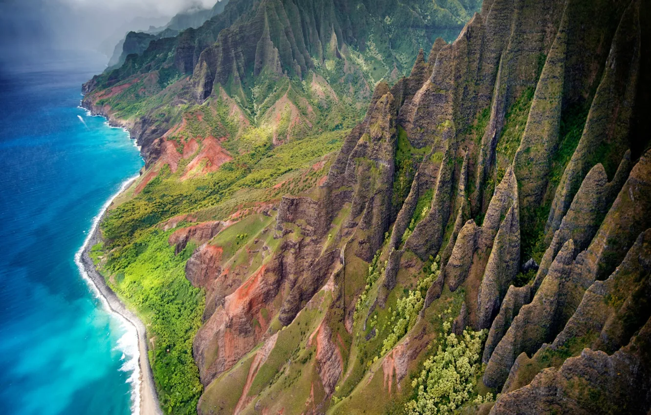 Photo wallpaper sea, mountains, the ocean, shore, Hawaii, USA, state, the island of Kauai, Napali Coast