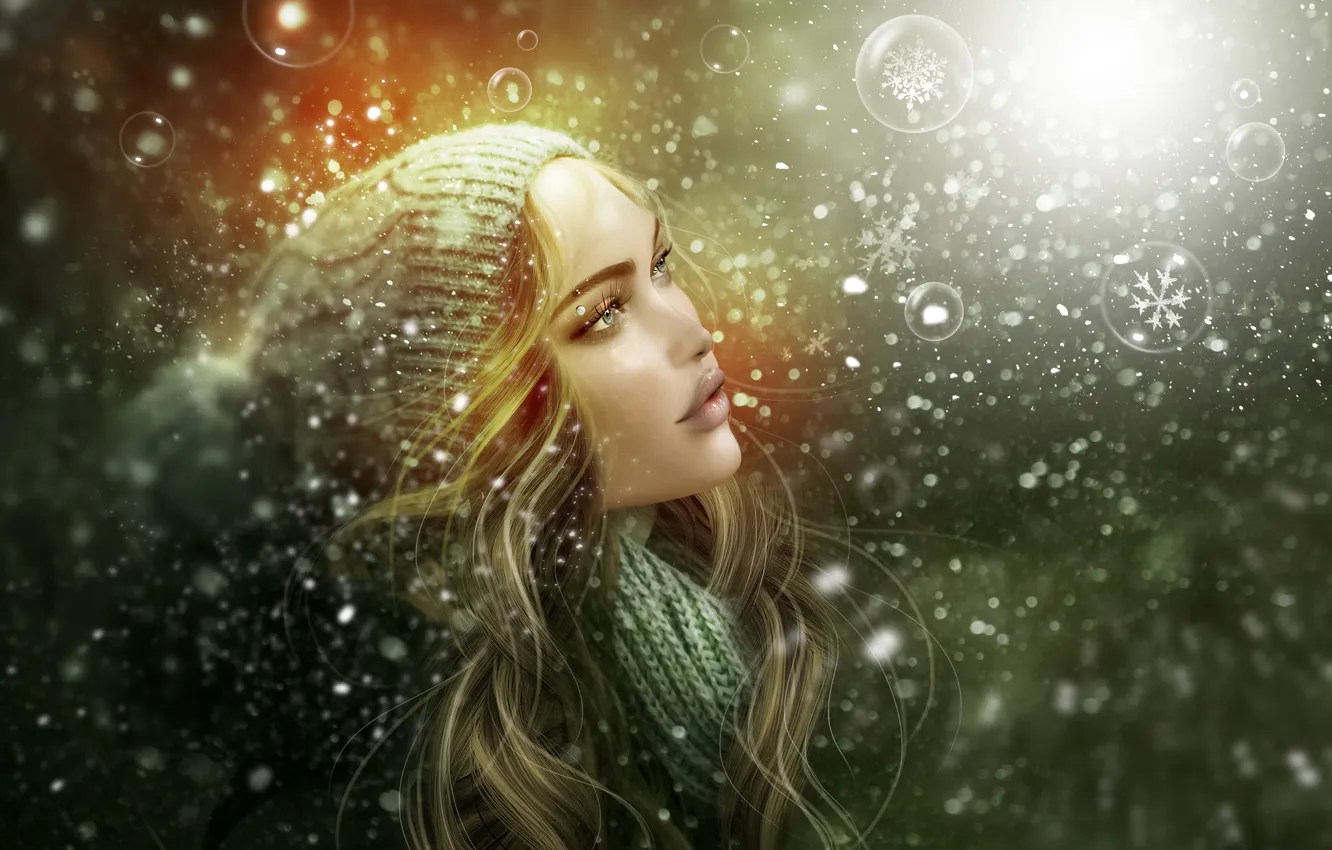 Photo wallpaper girl, snowflakes, face, bubbles, portrait
