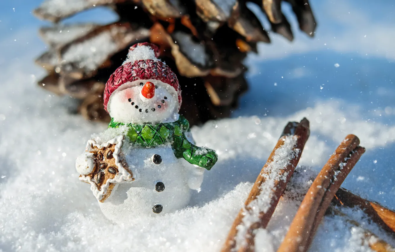 Photo wallpaper winter, snow, pose, smile, holiday, hat, toy, new year, Christmas, scarf, snowman, cinnamon, bump, figure, …