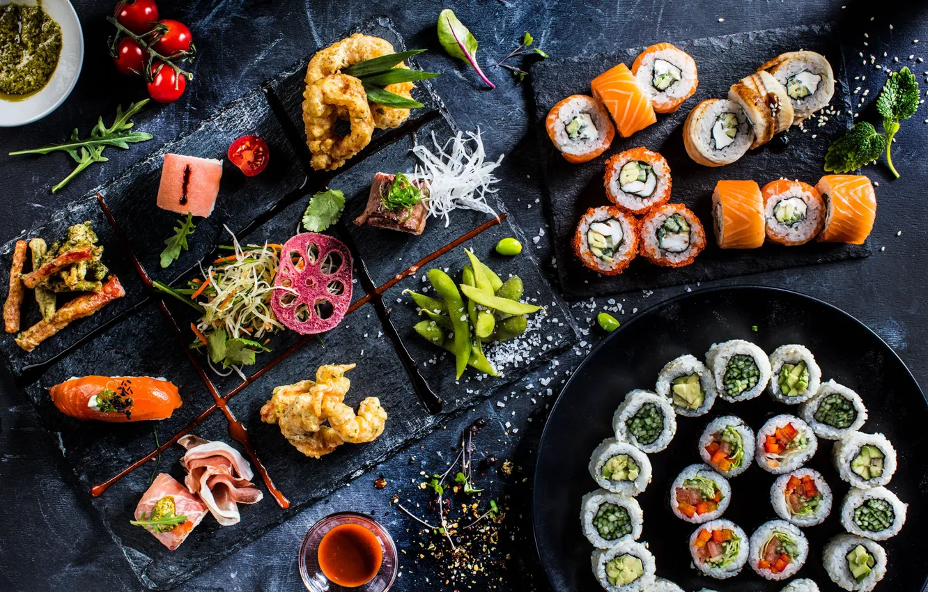 Photo wallpaper fish, sushi, rolls, seafood