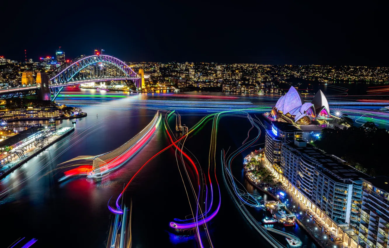 Photo wallpaper lights, Sydney, cityscape, sydney, australia, opera house, exhibition, vivid