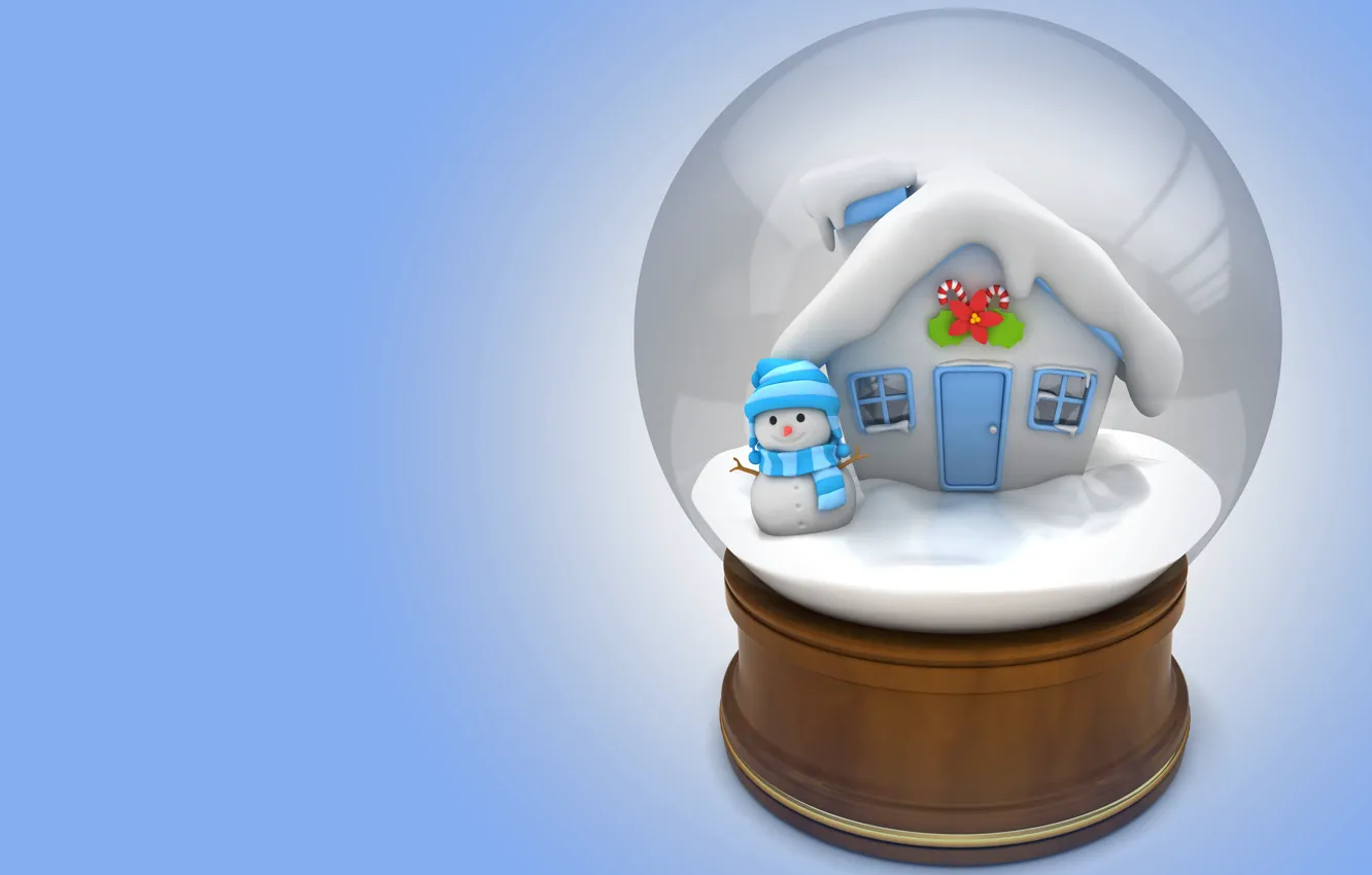 Photo wallpaper winter, gift, house, snowman, children's, snow globe, 3D, art. New year