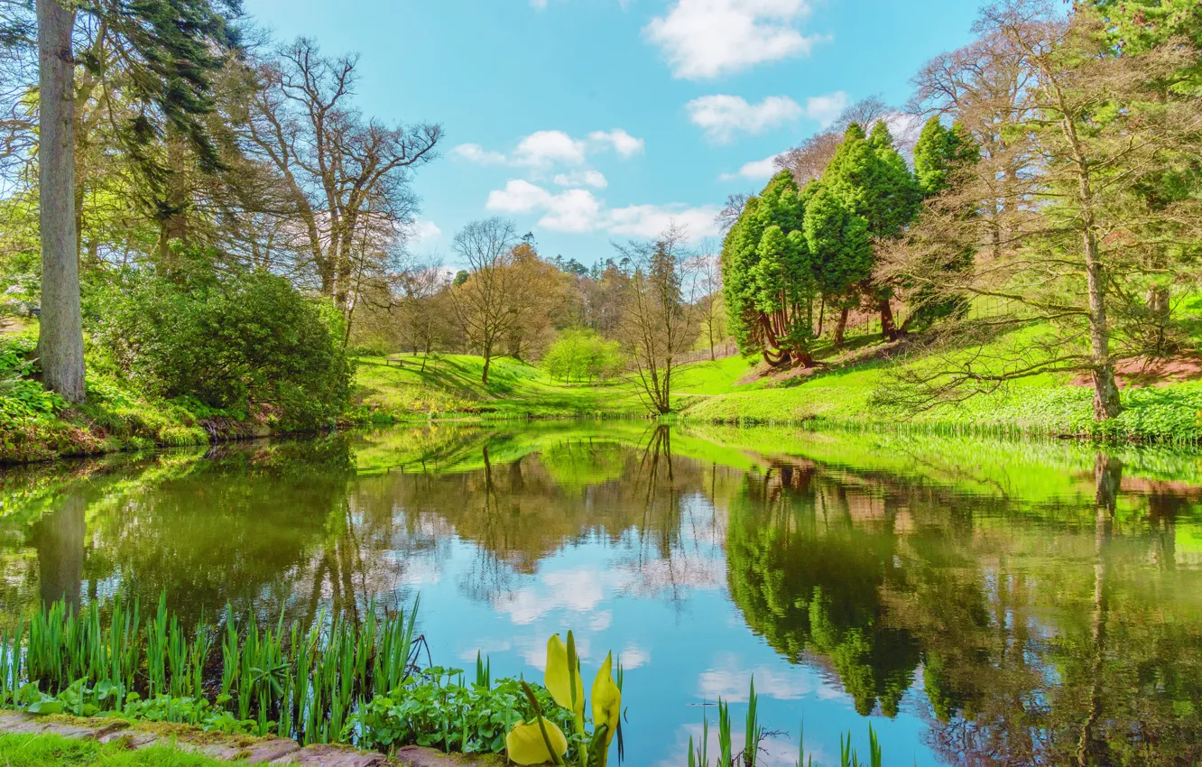 Wallpaper the sun, landscape, lake, reflection, spring, UK, lake, scenery,  spring, United Kingdom, Powys County Wales images for desktop, section  пейзажи - download