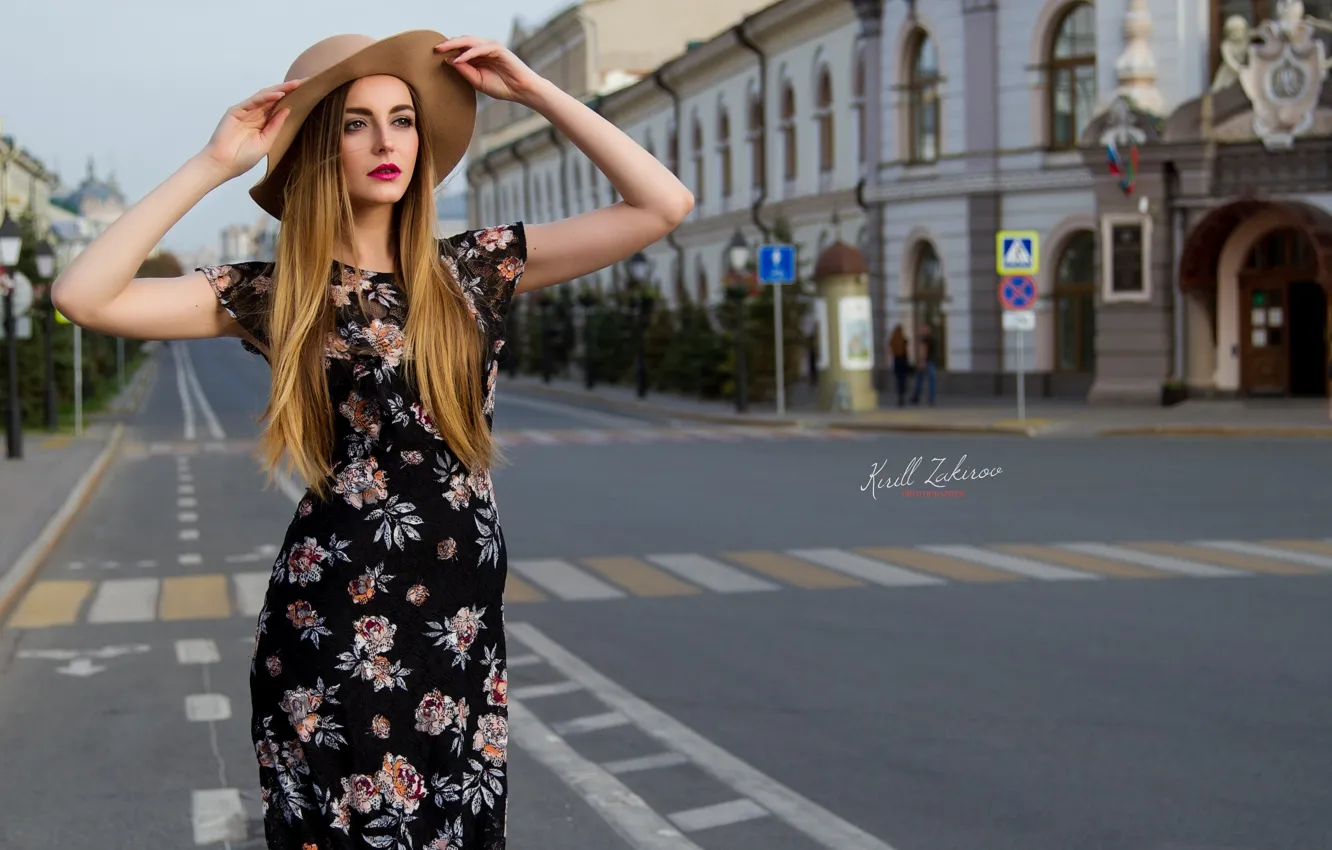 Photo wallpaper the city, pose, street, model, hat, hands, dress, Cyril Zakirov, Sania Solar