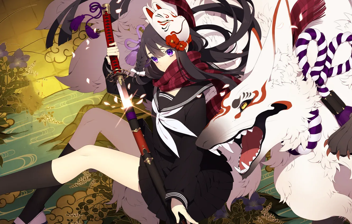 Wallpaper girl sword fox anime ken spirit blade mask
