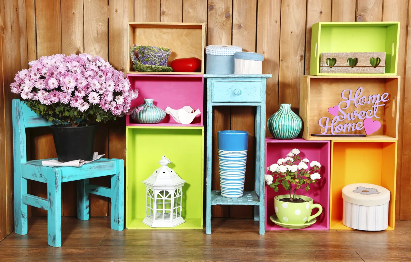 Photo wallpaper flowers, colors, colorful, box, vase, design, flowers, interior, shelves, home, decoration, lantern