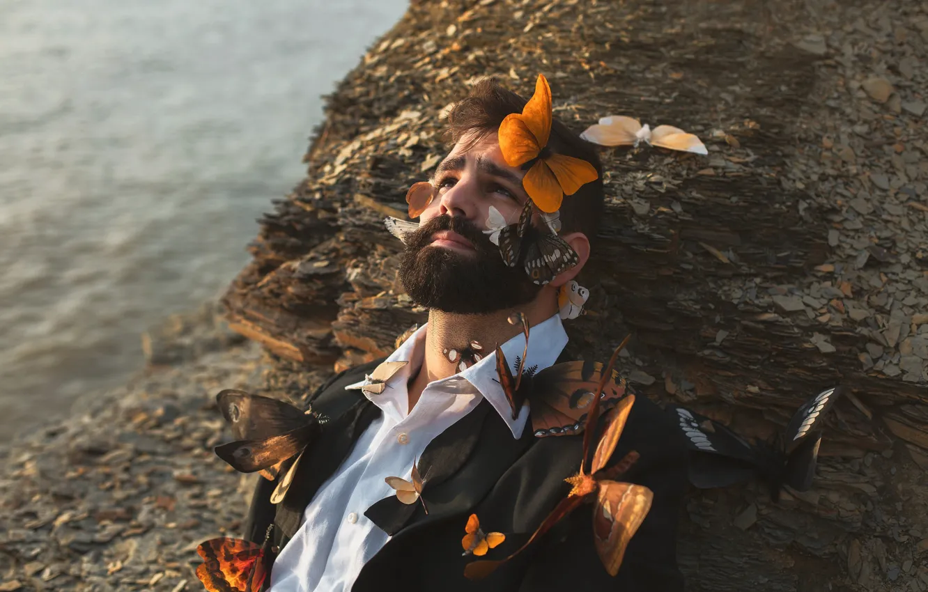 Photo wallpaper butterfly, male, beard, chemise, remnants of you