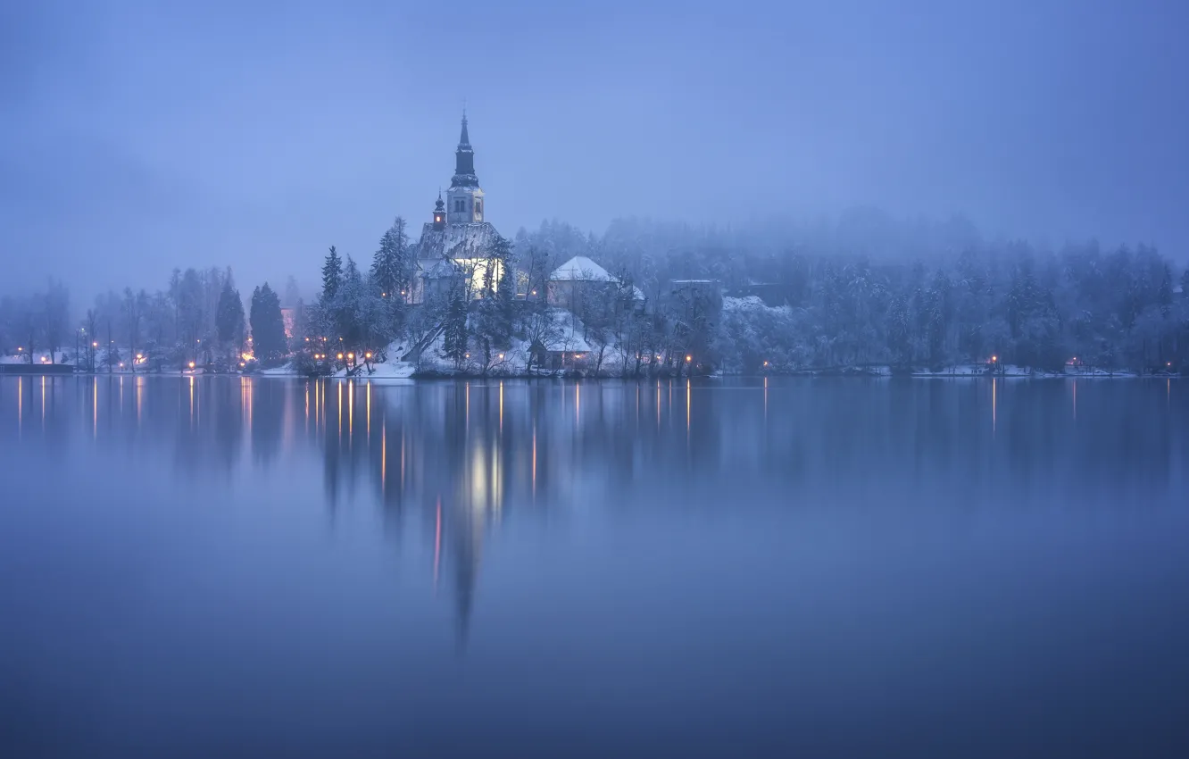 Photo wallpaper winter, fog, lake, island, morning, Slovenia, Lake Bled, Slovenia, Lake bled, Bled, Assumption of Mary …