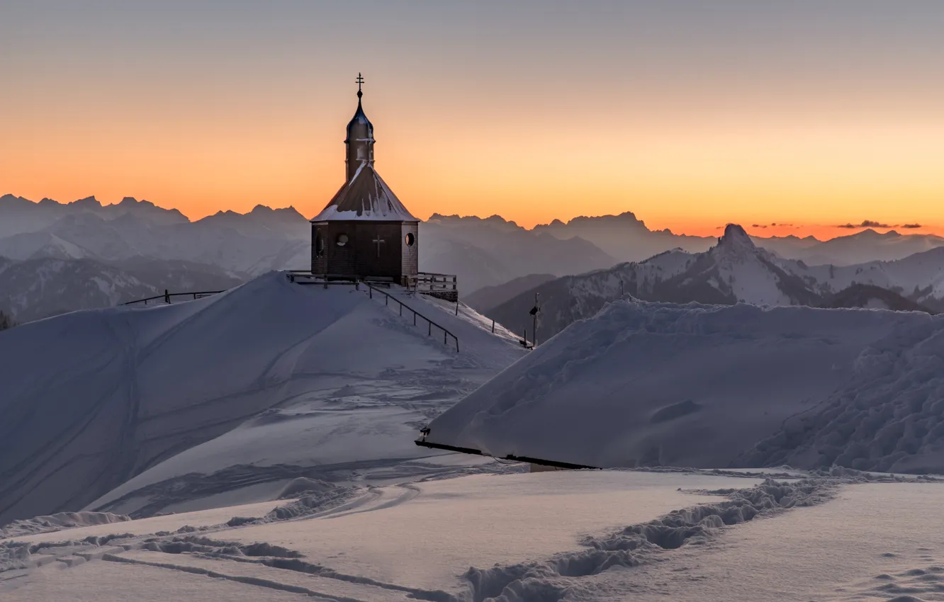 Photo wallpaper winter, snow, mountains, Germany, Bayern, Church