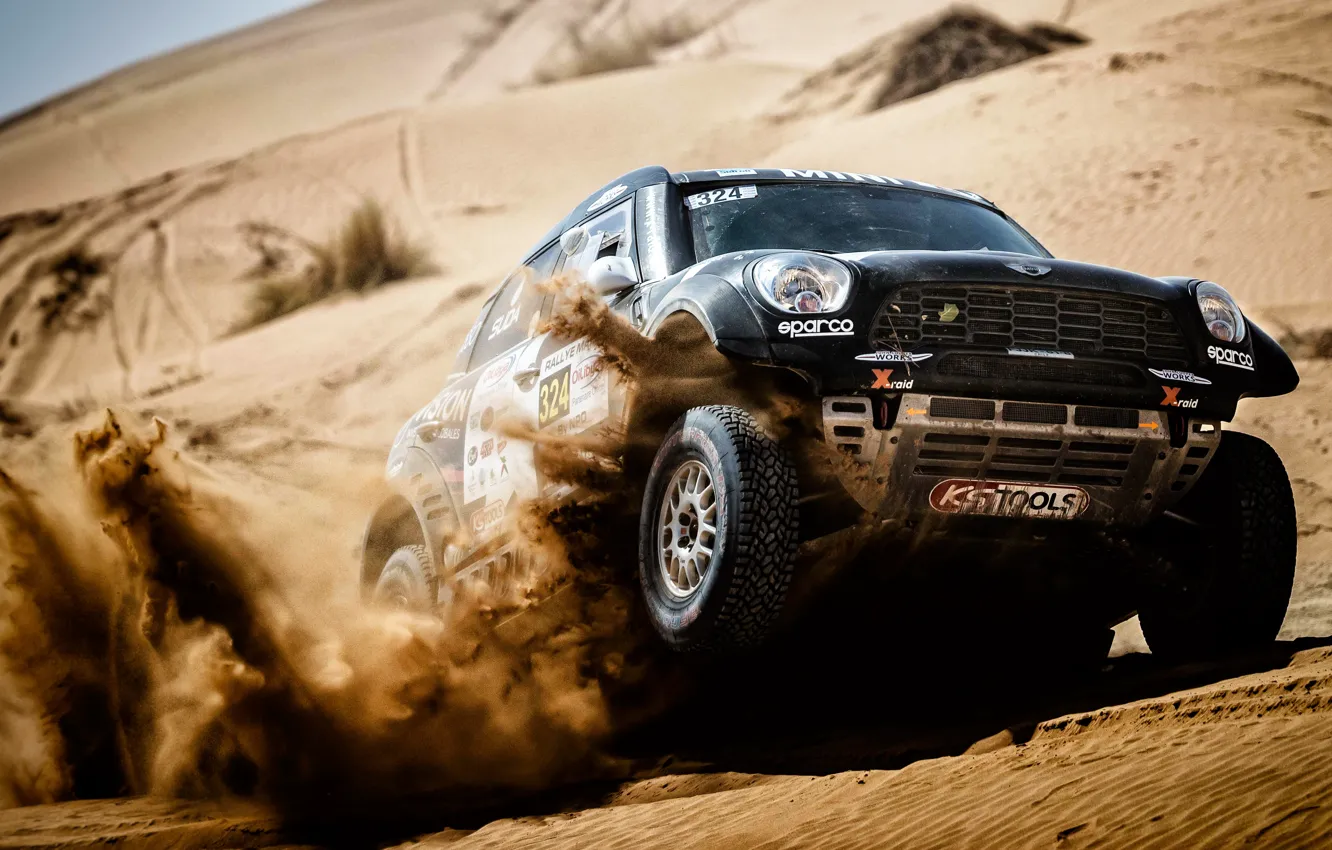 Photo wallpaper Sand, Auto, Mini, Black, Sport, Desert, Machine, Speed, Race, Rally, SUV, Rally, 324, Dune, X-Raid …