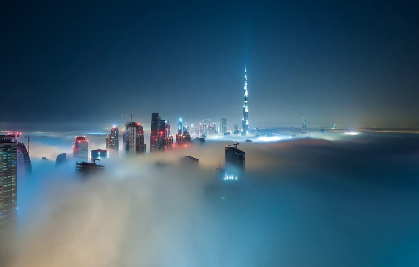 Wallpaper city, lights, Dubai, night, skyscraper, clouds, architecture,  building, Burj Khalifa, cityscape, UAE, mist, United Arab Emirates images  for desktop, section город - download