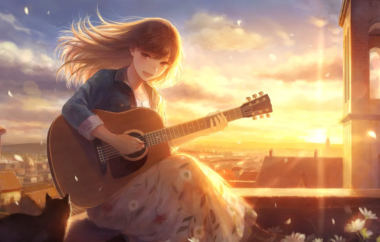 Photo wallpaper cat, girl, the sun, flowers, the city, guitar, by romiy