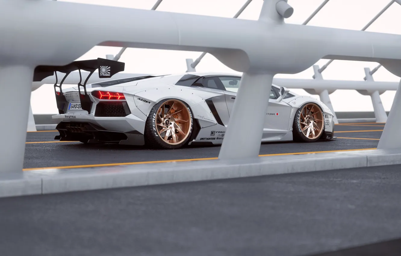 Photo wallpaper Lamborghini, White, Aventador, Rear, Liberty, Walk