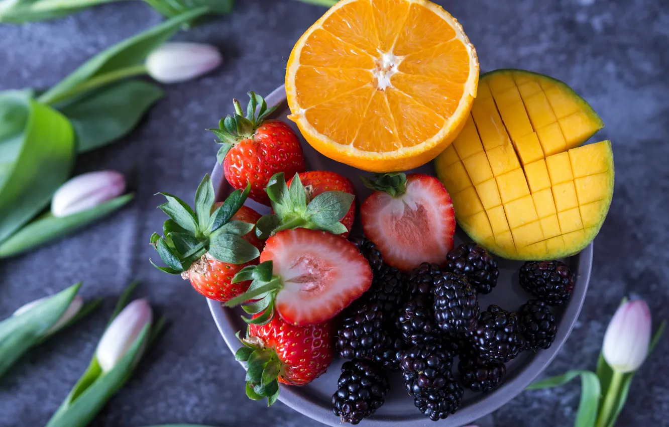 Photo wallpaper orange, strawberry, tulips, fruit, mango, BlackBerry