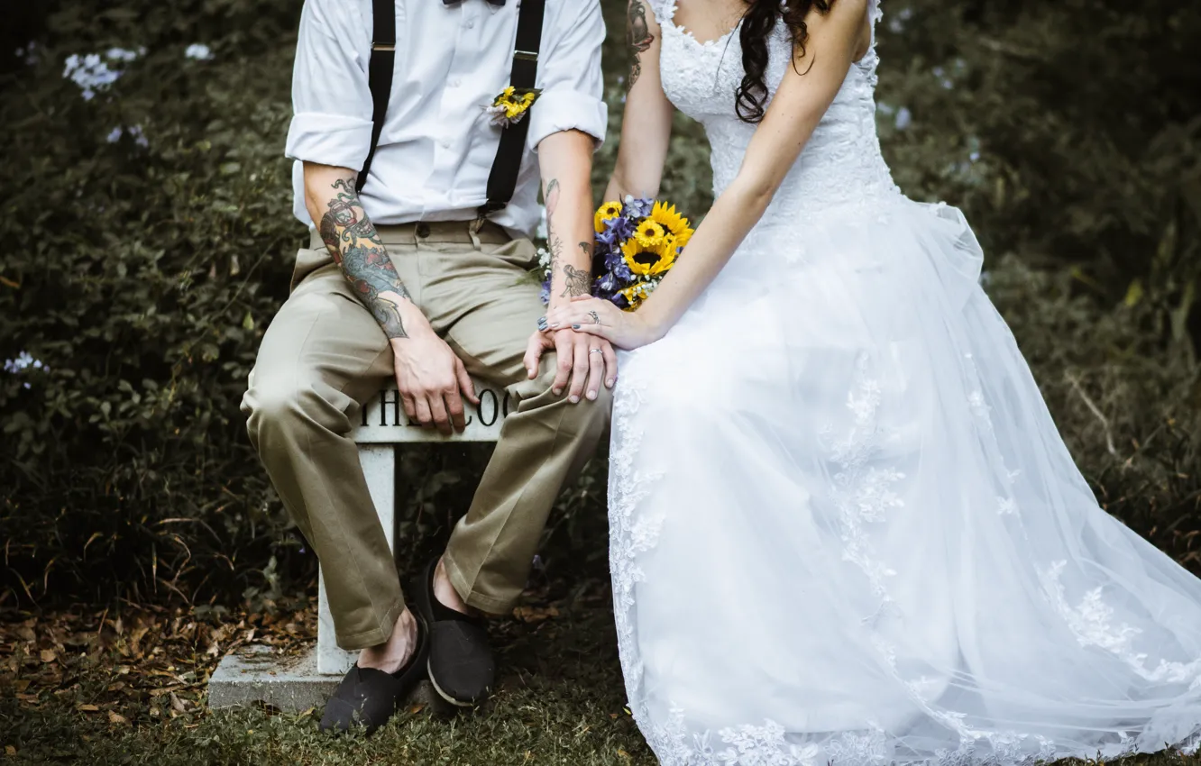 Photo wallpaper bouquet, dress, tattoo, costume, the bride, tattoo, the groom