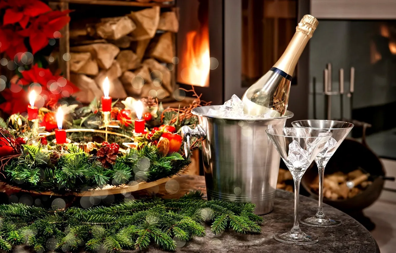 Photo wallpaper holiday, new year, glasses, fireplace, champagne, decor