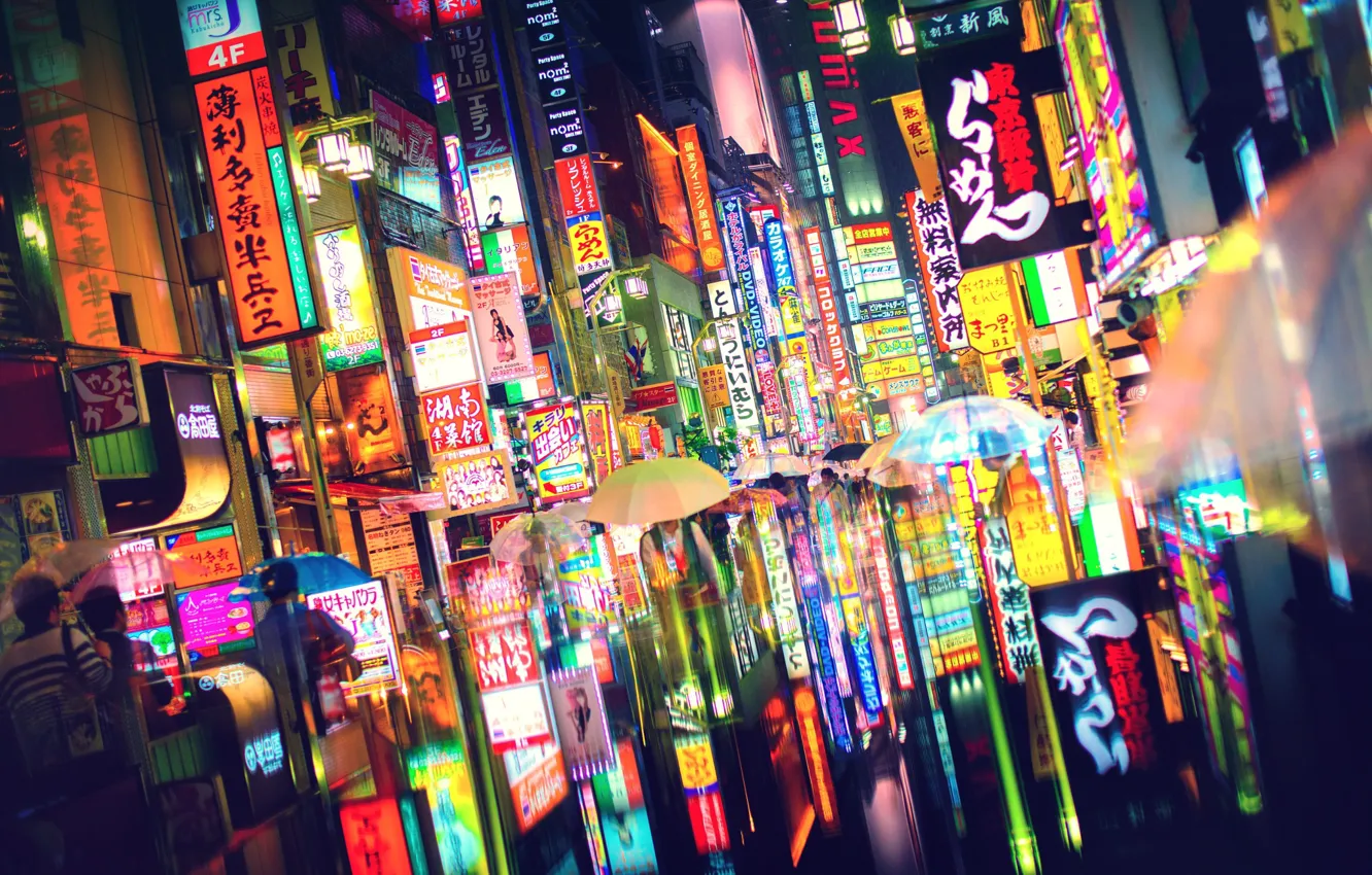 Photo wallpaper light, the city, lights, people, Japan, Tokyo, umbrellas