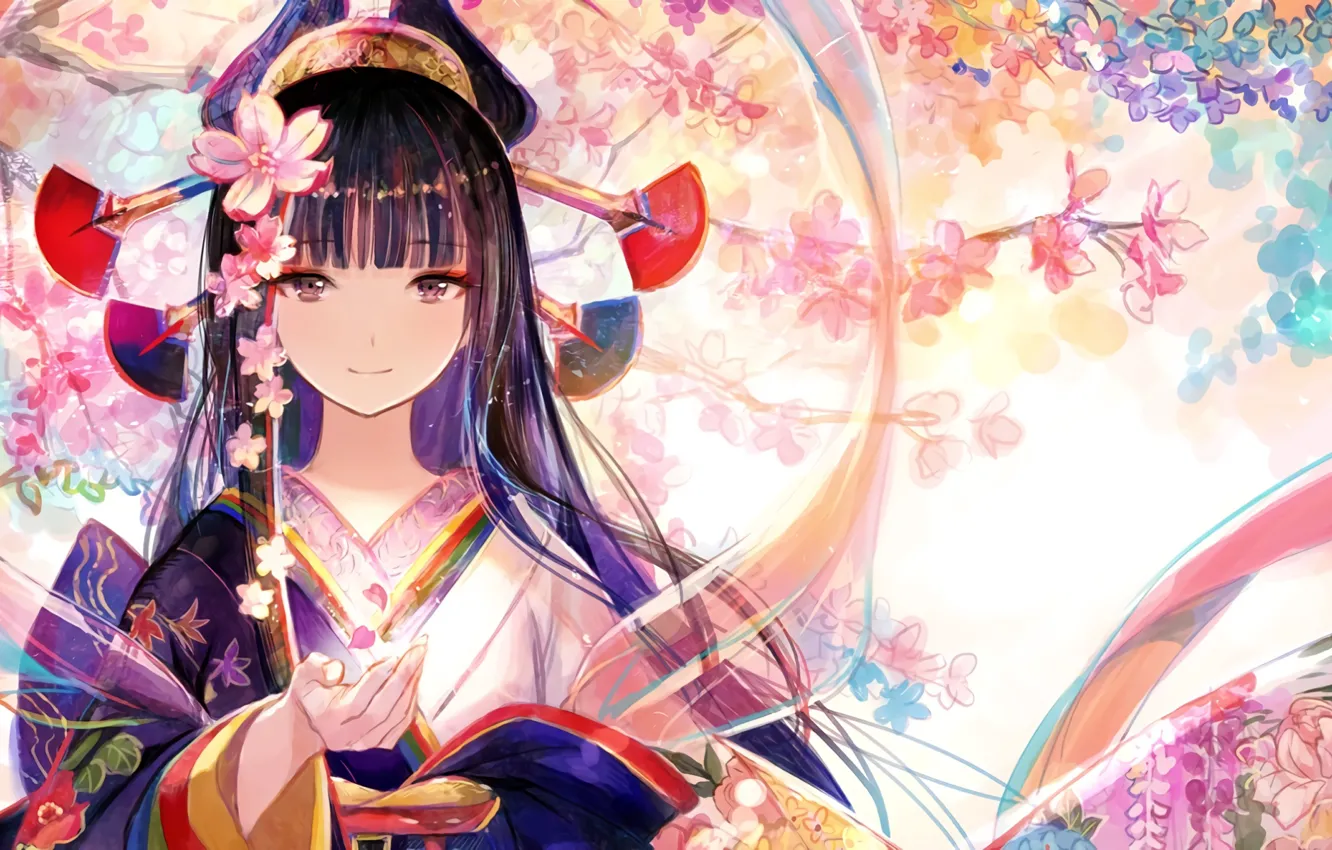 Photo wallpaper look, flowers, pattern, Sakura, hairstyle, girl, kimono, long hair, bangs